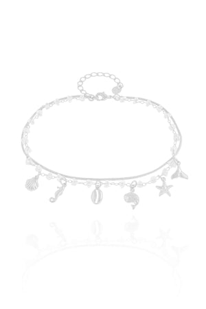 Tornozeleira Dupla Cristais Pingentes Fundo do Mar Ródio Branco