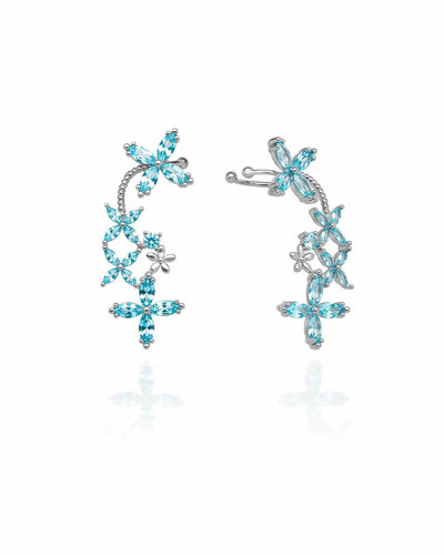 Brinco Ear Cuff Flores Navete Azul Sky Pino e Encaixe