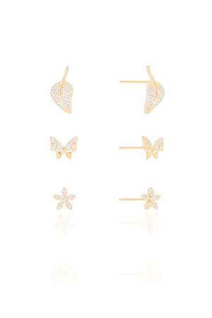Brinco Trio Flor Borboleta e Folha Cravejado Cristal Banhado a Ouro 18K