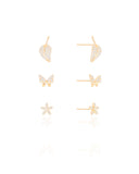 Brinco Trio Flor Borboleta e Folha Cravejado Cristal Banhado a Ouro 18K