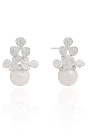 Brinco Folhas Cravejadas Cristal com Pérola Ródio Branco