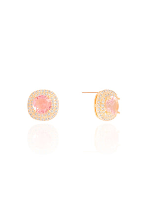 Brinco Quadrado Ponto de Luz Safira Rosa Cravejado Cristal Banhado a Ouro 18K