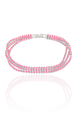 Pulseira Tripla Safira Rosa Cravejada Ródio Branco