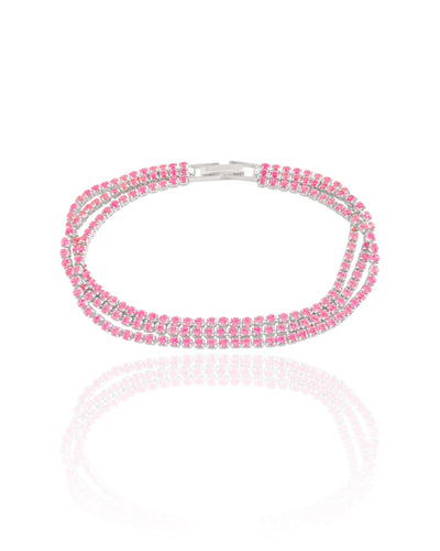 Pulseira Tripla Safira Rosa Cravejada Ródio Branco