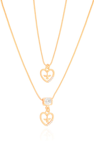 Gargantilha Dupla Corações Espirito Santo Cravejado Cristal Banhado a Ouro 18K