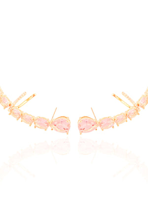 Ear Cuff Pontos de Luz Ovais Safira Rosa Cravejado Cristal Banhado a Ouro 18K