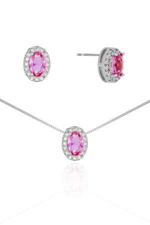 Conjunto Gargantiha Pingente e Brinco Oval Rosa com Borda Cristal