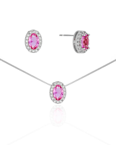 Conjunto Brinco e Colar Pingente Oval Rosa Borda Cravejada