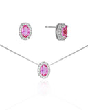 Conjunto Gargantiha Pingente e Brinco Oval Rosa com Borda Cristal