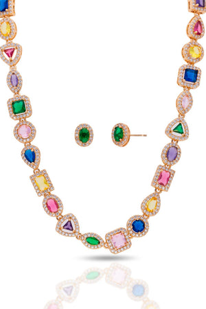 Conjunto Colar Riviera Mix Pedras Coloridas Cravejado Cristal com Fecho Italiano - 40 cm