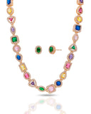Conjunto Colar Riviera Mix Pedras Coloridas Cravejado Cristal com Fecho Italiano - 40 cm