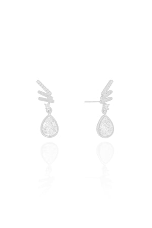 Brinco Fieletes Lisos e Cravejado Gota Cristal Ródio Branco