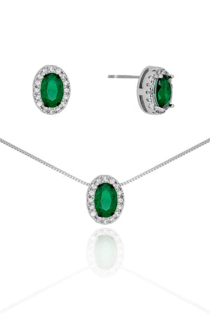Conjunto Gargantilha Pingente e Brinco Oval Verde Esmeralda com Borda Cristal