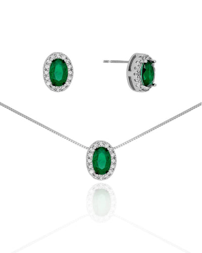 Conjunto Brinco e Colar Pingente Oval Esmeralda Borda Cravejada