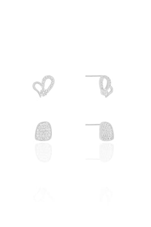 Brinco duplo Coração e Retângulo Cravejado Cristal Ródio Branco