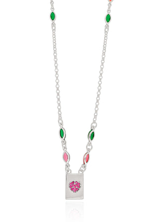 Gargantilha Navetes Coloridos Coração Rosa Ródio Branco - 45 cm