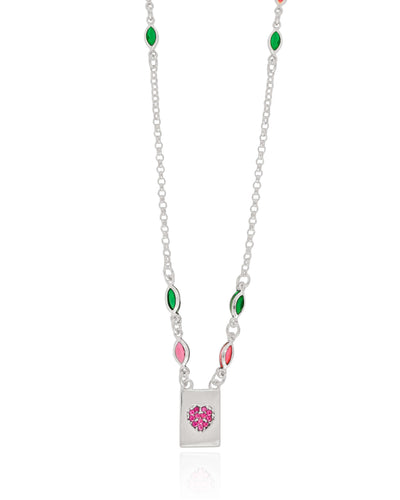 Colar Navetes Coloridos Coração Rosa Ródio Branco - 45 cm