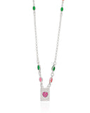 Gargantilha Navetes Coloridos Coração Rosa Ródio Branco - 45 cm