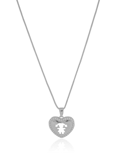 Colar Coração Filho Menina Cristal Ródio Branco - 45 cm