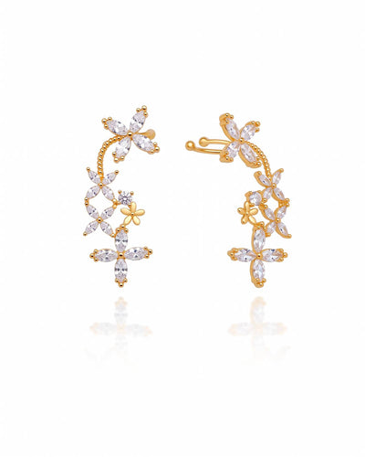 Brinco Ear Cuff Flores Navete Cristal Pino e Encaixe
