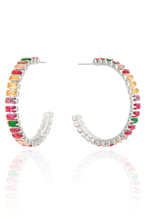Brinco Argola Zircônias Coloridas Retangular Ródio Branco
