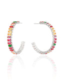 Brinco Argola Zircônias Coloridas Retangular Ródio Branco