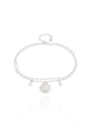 Tornozeleira Dupla Elos Concha e Pérolas Ródio Branco