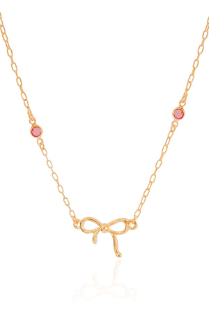 Gargantilha Infantil Laço Ponto de Luz Safira Rosa Banhado a Ouro 18K