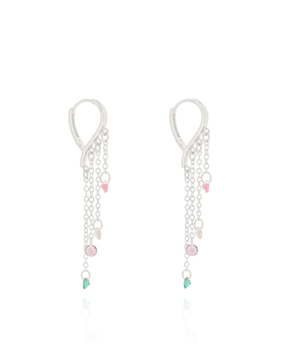 Brinco Argola Gota Franja Ponto de Luz Colorido 6 cm Ródio Branco