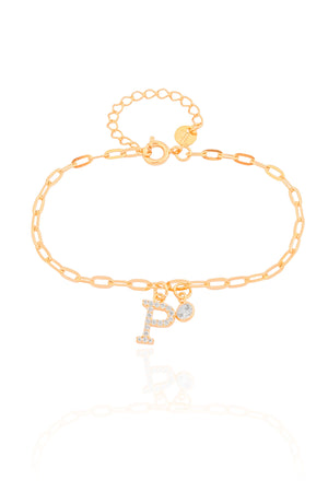 Pulseira Elos Letra P Cravejado Cristal Banhado a Ouro 18K