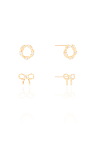 Brinco Duplo Laço Ponto de Luz e Circulo Ponto de Luz Banhado a Ouro 18K