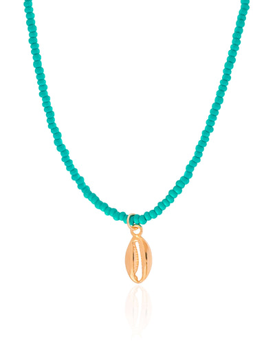 Choker Miçanga Verde Água Búzio Banhado a Ouro 18K - 32 cm