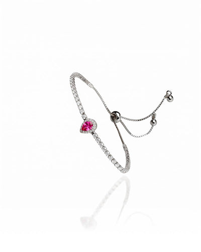 Pulseira Tennis Riviera Cristal Ajustável com Pingente Gota Rosa Cravejada Cristal