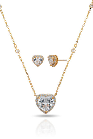 Conjunto Gargantilha Elo Veneziano com Pingente Coração Cristal e Brinco
