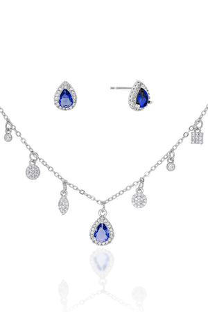 Conjunto com Berloques Cravejados Pingente e Brinco Gota Azul Safira e Borda Cristal