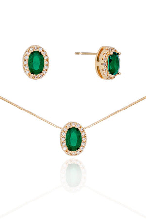 Conjunto Gargantilha Pingente e Brinco Oval Verde Esmeralda com Borda Cristal