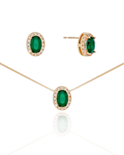 Conjunto Brinco e Colar Pingente Oval Esmeralda Borda Cravejada