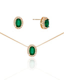 Conjunto Gargantilha Pingente e Brinco Oval Verde Esmeralda com Borda Cristal