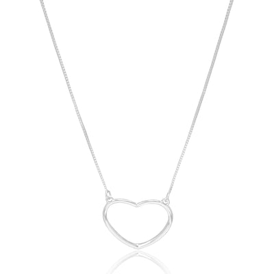 Colar Veneziana Pingente Coração Vazado Liso Ródio Branco - 45 cm