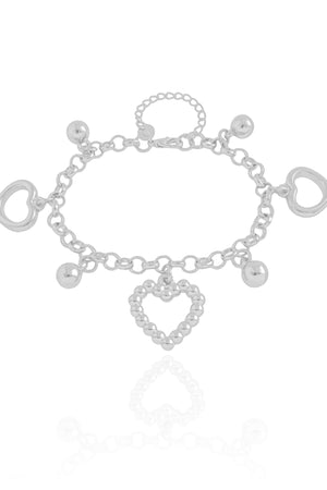 Pulseira Elos Corações e Bolas Lisas Ródio Branco