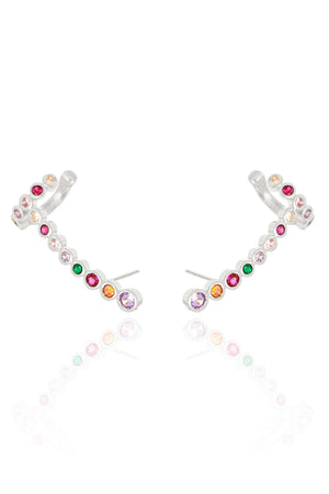 Brinco Ear Cuff Redondo Colorido Ródio Branco