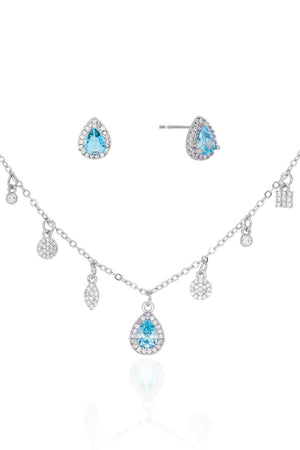 Conjunto com Berloques Cravejados Pingente e Brincos Gota Azul Sky e Borda Cristal