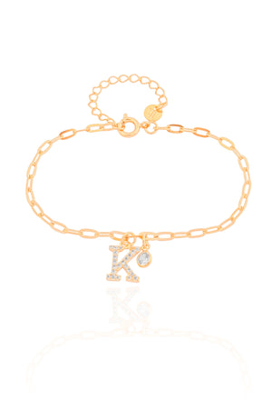 Pulseira Elos Letra K Cravejado Cristal Banhado a Ouro 18K