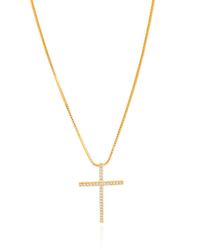 Colar Veneziana com Pingente Cruz Palito Cravejada Cristal - 45 cm