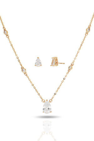 Conjunto Gargantilha Elo Veneziano com Pingente Gota Cristal e Brincos