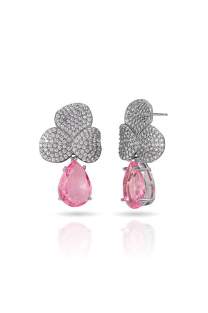 Brinco Folhas Cravejadas Cristal e Gota Pendente Rosa