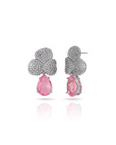 Brinco Folhas Cravejadas Cristal e Gota Pendente Rosa