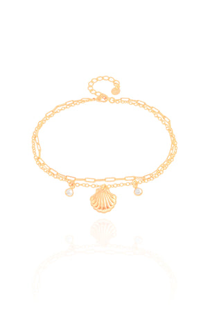 Tornozeleira Dupla Elos Concha e Pérolas Banhado a Ouro 18K