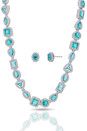 Conjunto Colar Riviera Mix Água Marinha Cravejado Cristal com Fecho Italiano - 40 cm