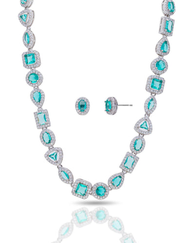Conjunto Colar e Brinco Riviera Mix Água Marinha Cravejado Cristal com Fecho Italiano - 40 cm